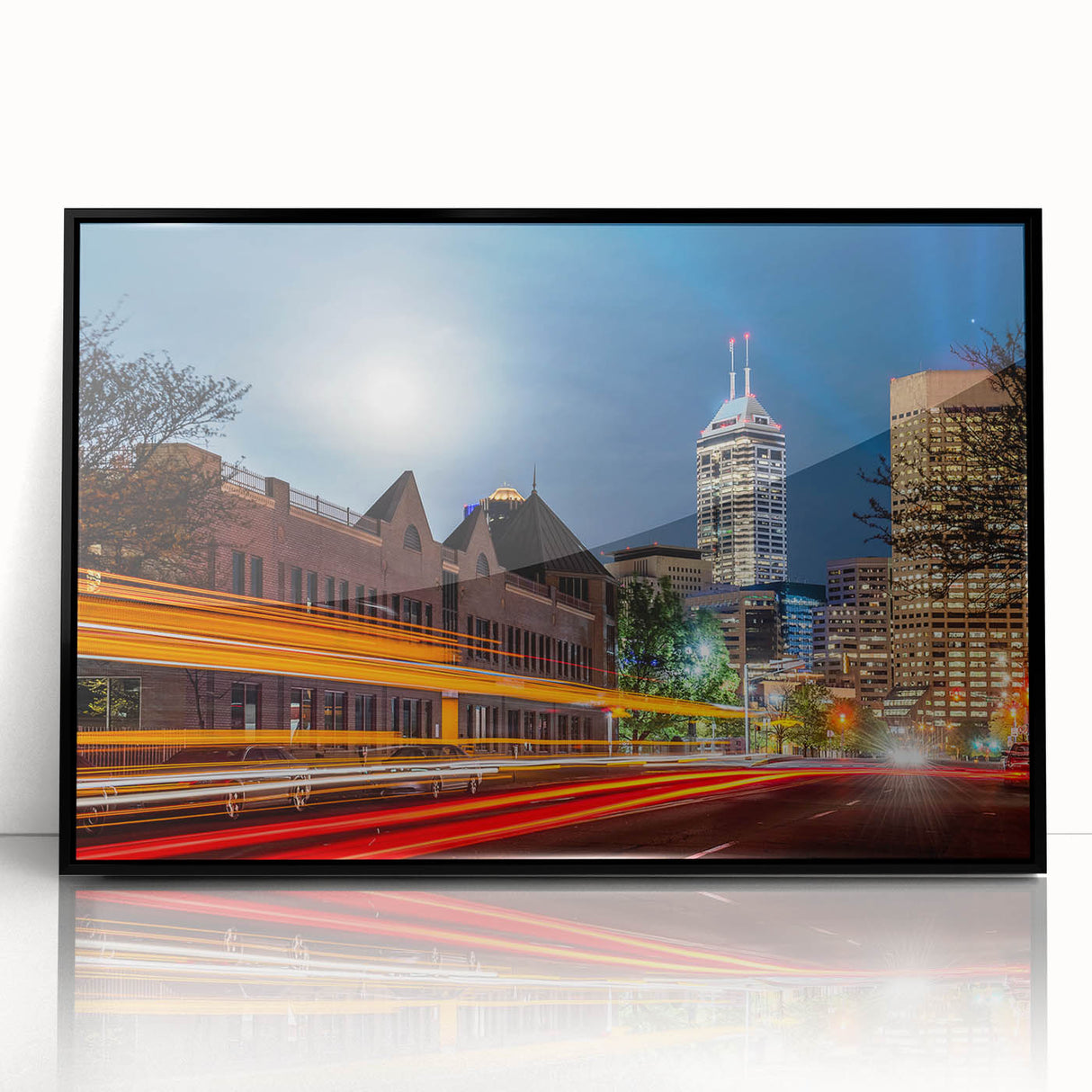 Large abstract wall art depicting Indianapolis skyline in muted gray and blue tones on framed acrylic.