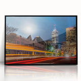Large abstract wall art depicting Indianapolis skyline in muted gray and blue tones on framed acrylic.