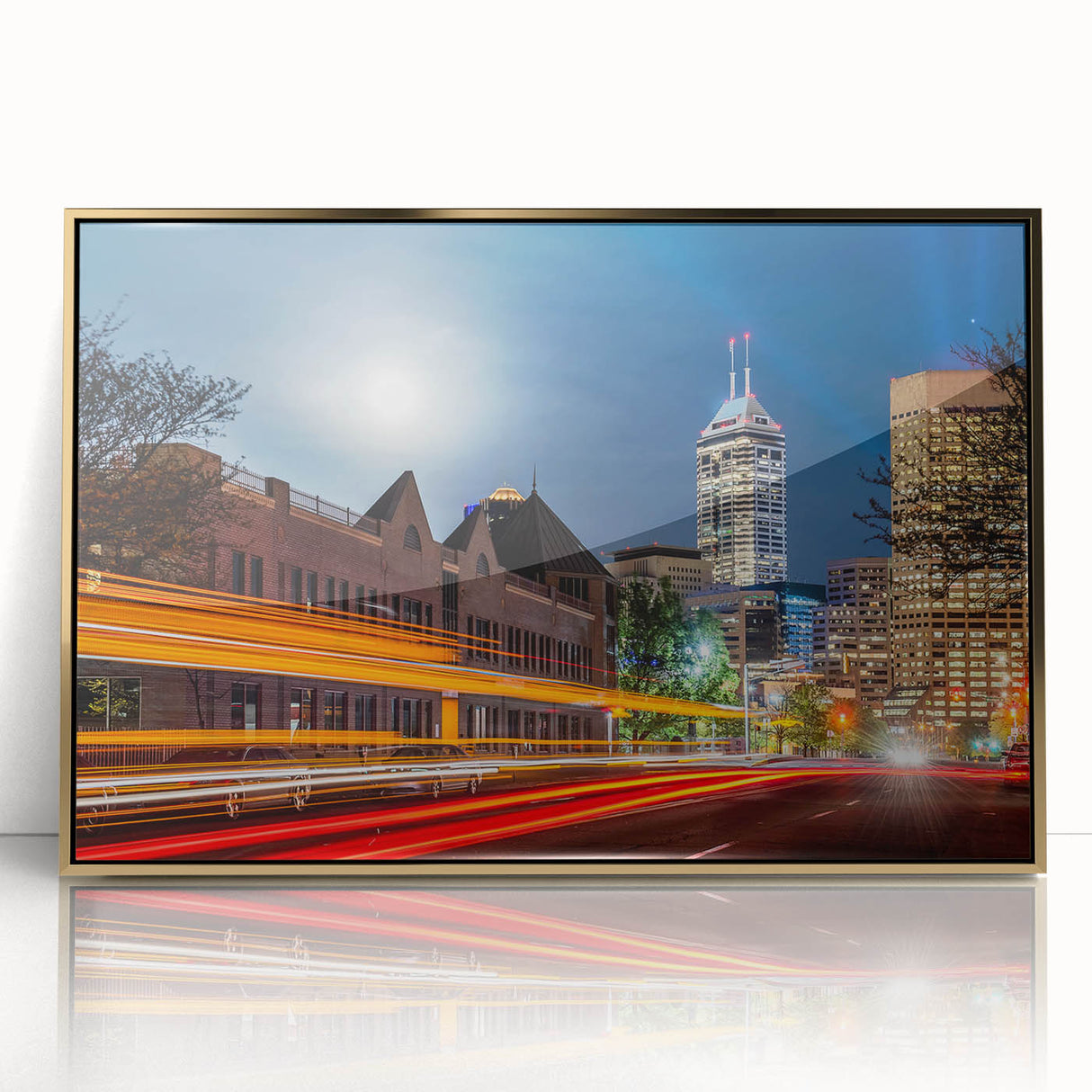 Mid-century modernist art of Indianapolis skyline in gold and blue tones, acrylic print framed.