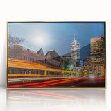 Mid-century modernist art of Indianapolis skyline in gold and blue tones, acrylic print framed.