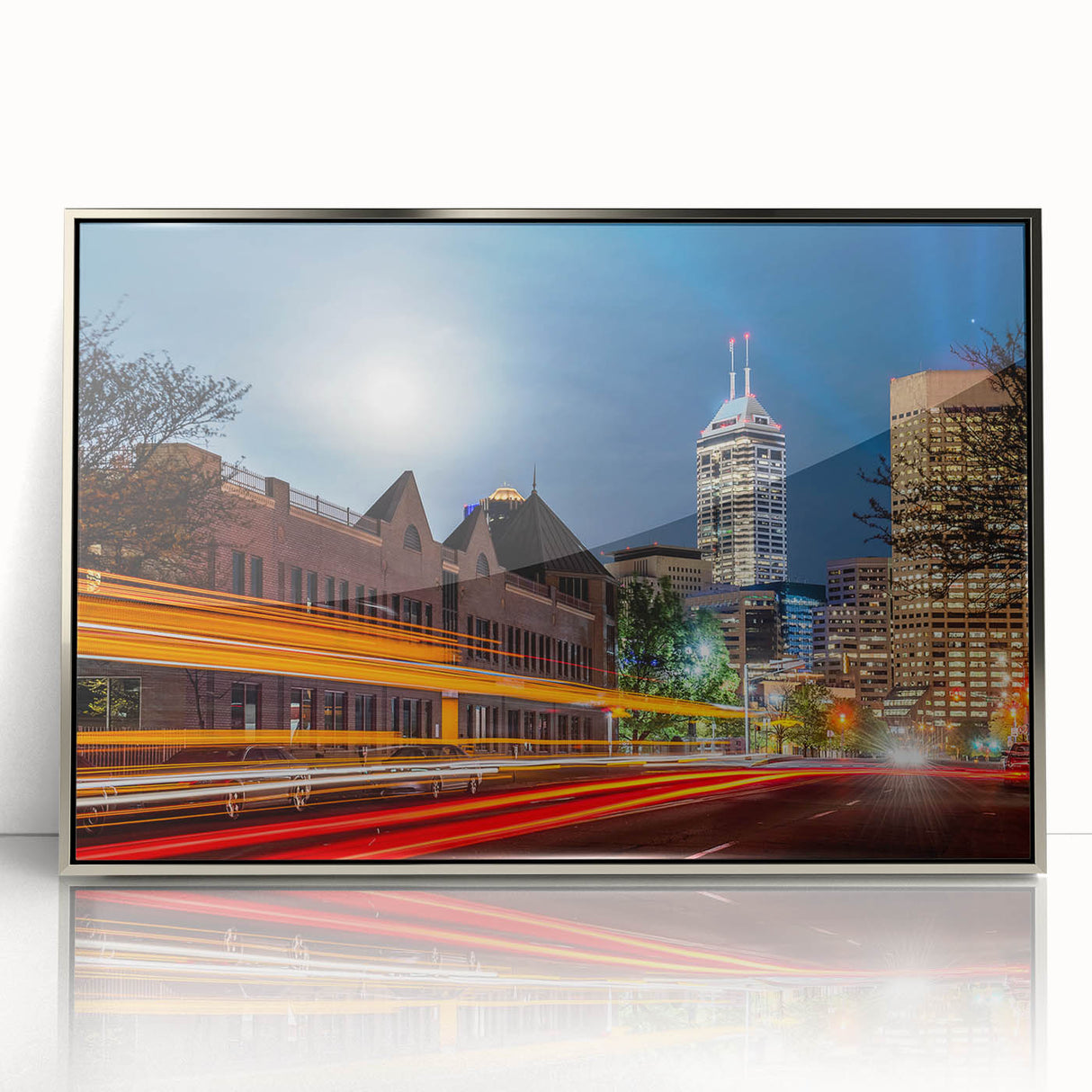 Framed acrylic print of Indianapolis skyline in muted gray tones.