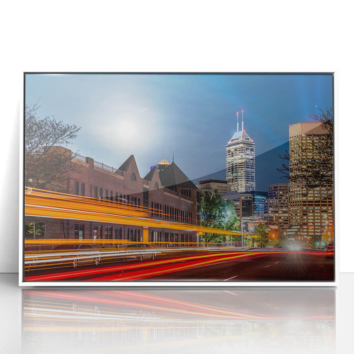 Art deco style skyline of Indianapolis in muted gray and blue tones on a framed acrylic, ideal for modern art wall decor.