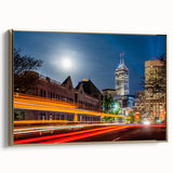 Framed canvas of Indianapolis skyline in muted gold and black tones, suitable as wall art for bedroom.