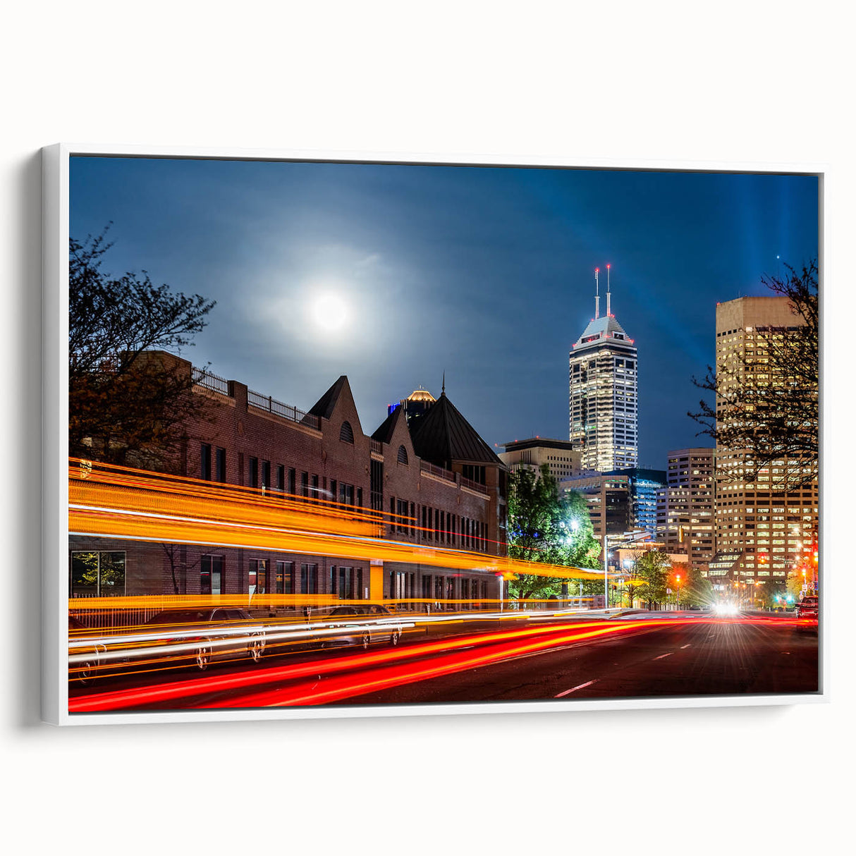 Vintage poster art of Indianapolis skyline in colorful hues on extra large framed canvas, ideal for living room decor.