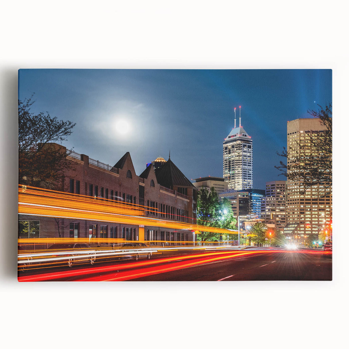 Black and white photo of Indianapolis skyline on large stretched canvas, suitable for kitchen wall art.