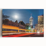 Black and white photo of Indianapolis skyline on large stretched canvas, suitable for kitchen wall art.