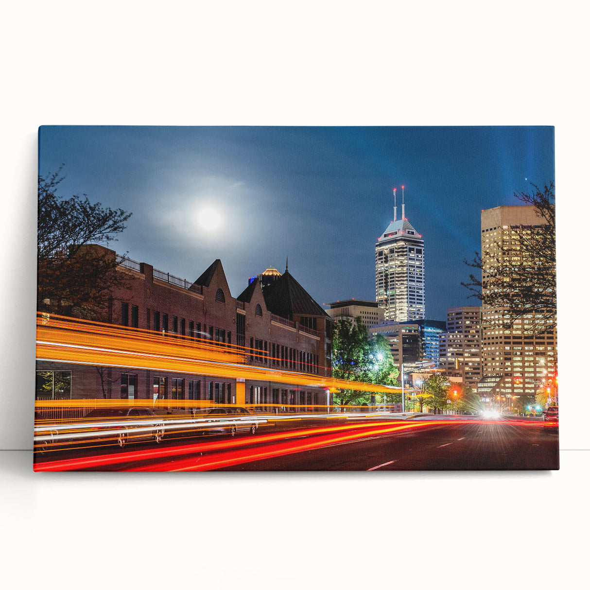 Black and white stretched canvas featuring Indianapolis skyline, ideal for kitchen wall art.