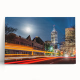 Black and white stretched canvas featuring Indianapolis skyline, ideal for kitchen wall art.