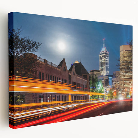 Indianapolis skyline in muted gray and blue tones on a large stretched canvas, ideal for kitchen wall art.