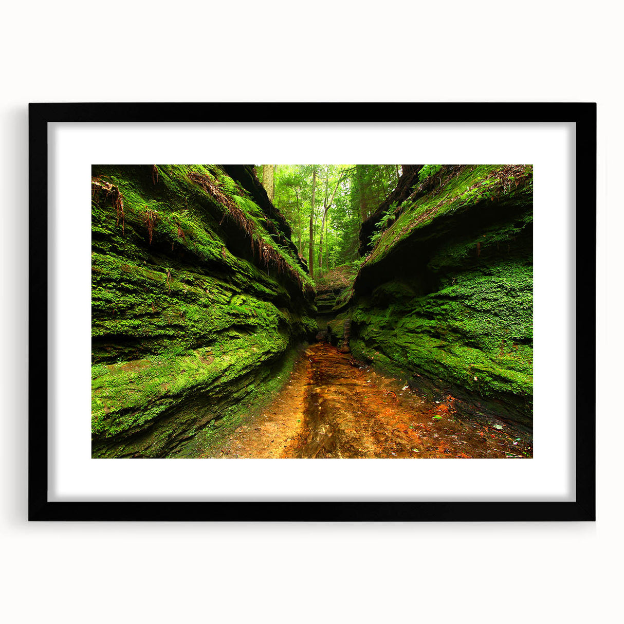 Extra large abstract art print of colorful, textured Indiana scenery on a black framed canvas, ideal for living room decor.