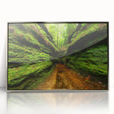 Mid-century modernist art depicting a serene Indiana landscape in soft blue and green tones, framed in silver acrylic.