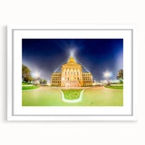 Abstract art print of Kansas scenery in muted earth tones, framed with a white mat, suitable for dining room decor.