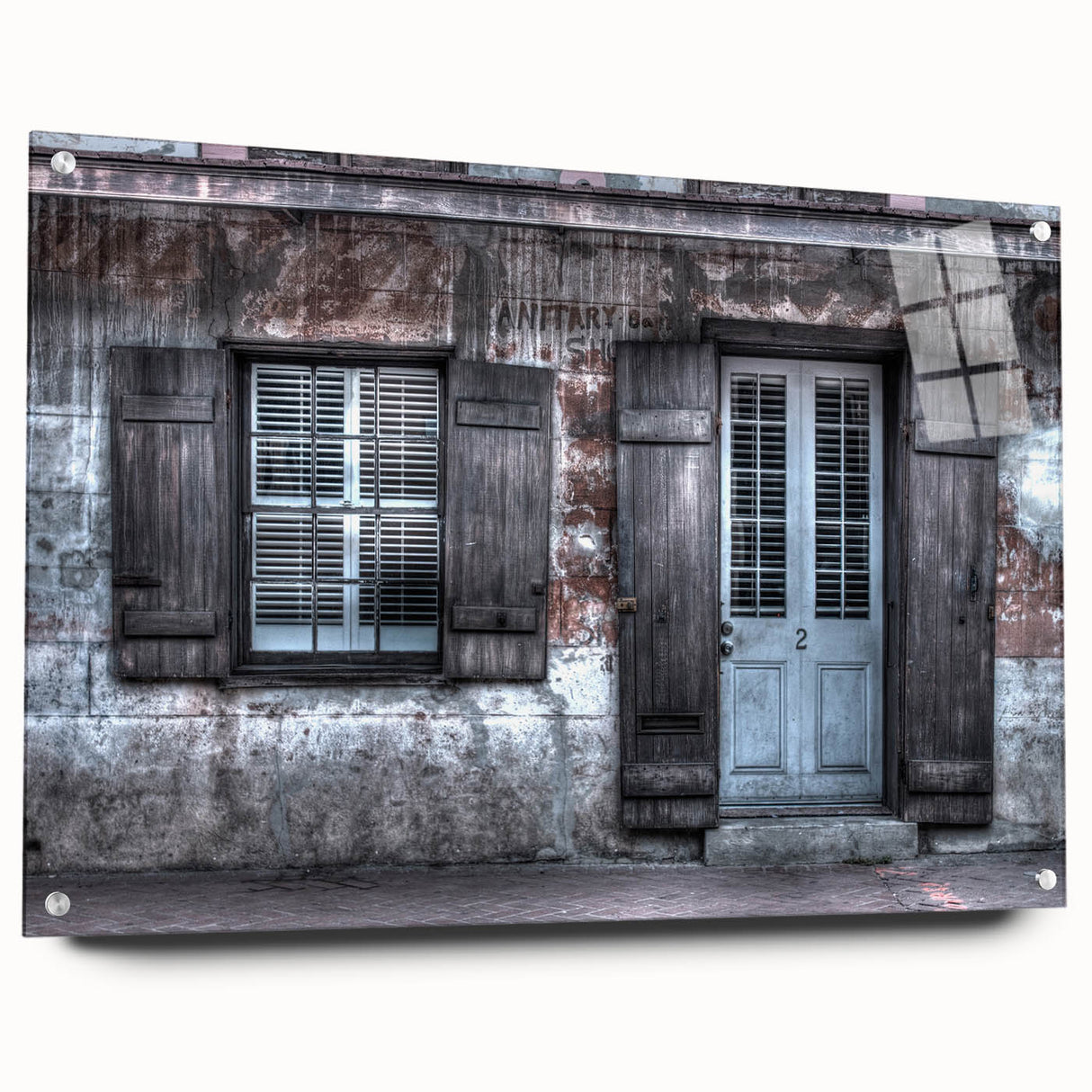 Acrylic print of a New Orleans skyline in muted gray and blue tones, suitable for bedroom or dining room decor.