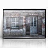Large abstract wall art depicting New Orleans skyline in muted gray on black framed acrylic.