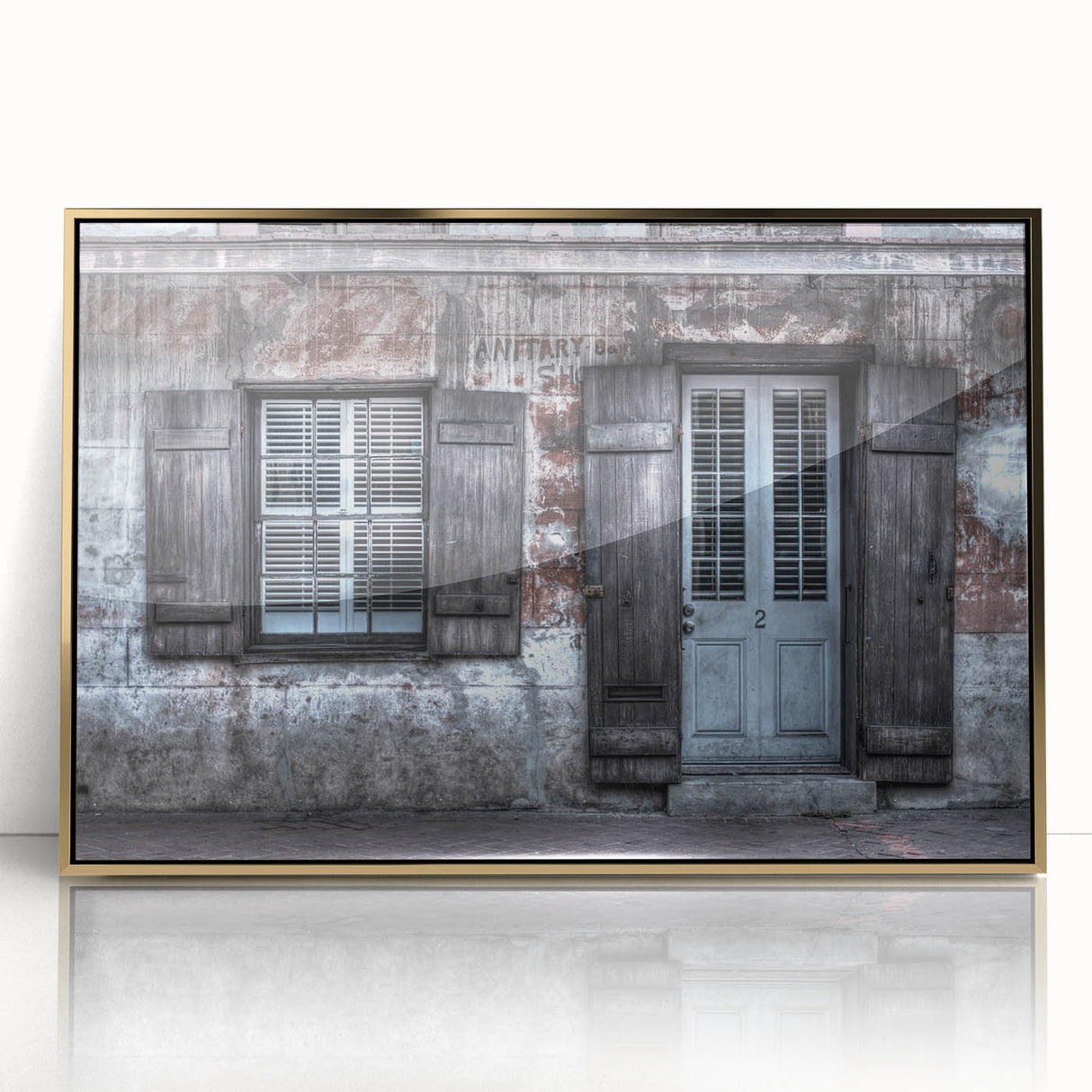 Acrylic print of New Orleans scenery in mid-century modernist style with gold frame, suitable for modern art wall decor.