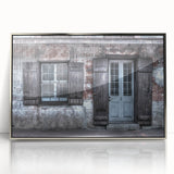 Mid-century modernist art depicting New Orleans landscape on silver-framed acrylic, with muted earth tones.