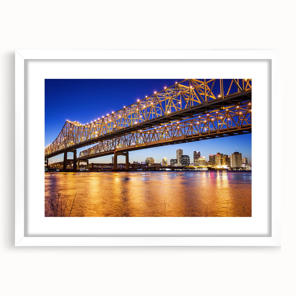 Abstract art print depicting a Louisiana landscape in muted earth tones on a framed white mat.
