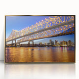 Acrylic print of a Louisiana landscape in gold frame, featuring mid-century modernist style, ideal for nursery wall decor.