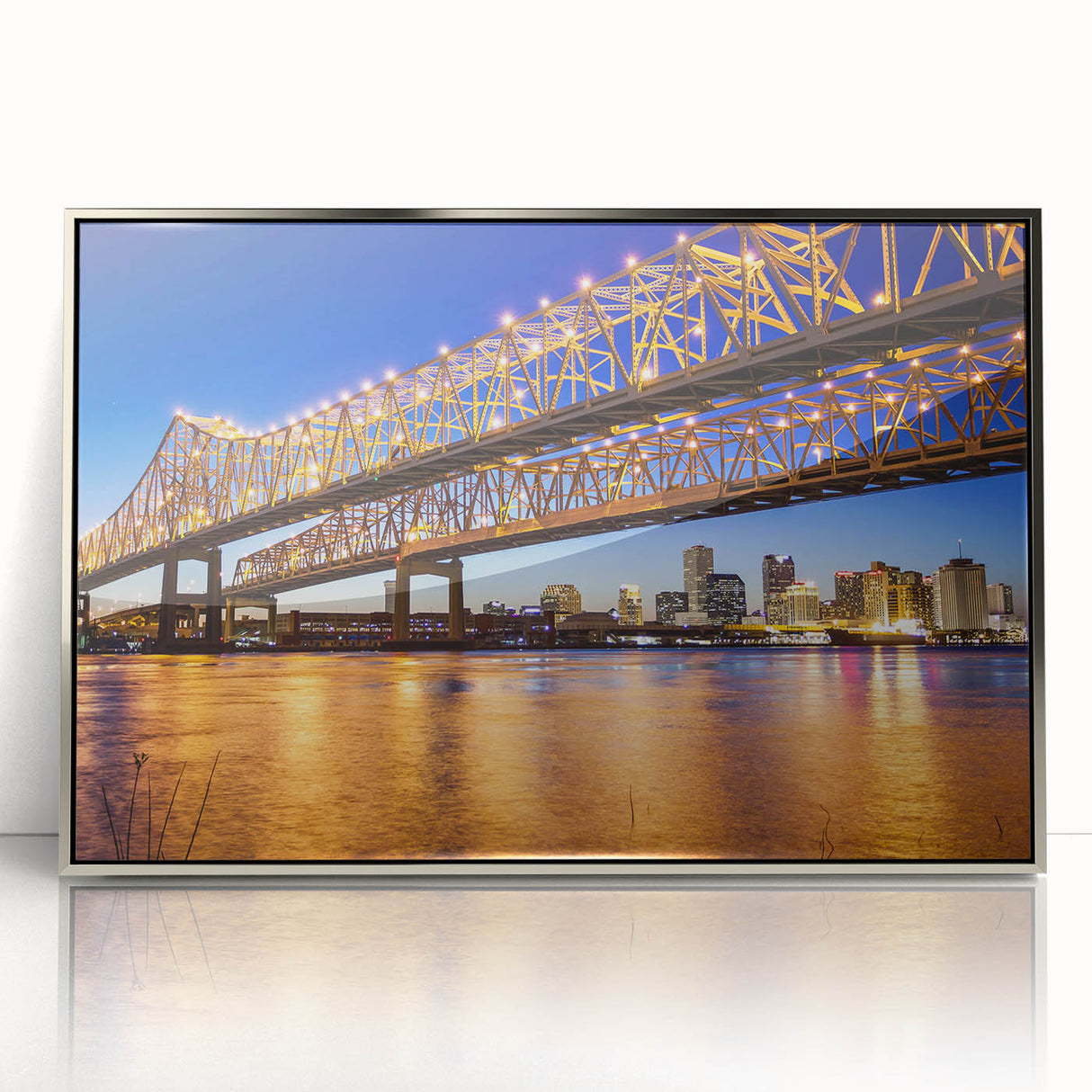 Mid-century modernist art depicting Louisiana scenery in muted earth tones on a silver-framed acrylic print.