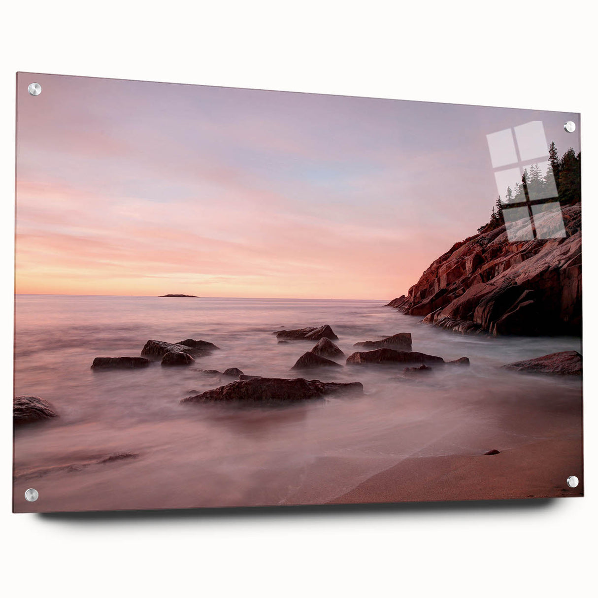 Acrylic print of Acadia National Park with deep blue and green hues, ideal for enhancing bedroom or dining room decor.