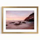 Extra large framed abstract art print depicting a textured scenery of Acadia, Maine, in muted earth tones.