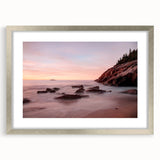 Textured art print of Acadia's rocky coastline in muted earth tones on a framed canvas, suitable for bedroom decor.