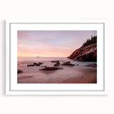 Abstract art print of Acadia, Maine, featuring a blend of muted earth tones, framed with a white mat.