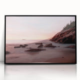 Large abstract wall art depicting Acadia's rugged coastline in muted earth tones, framed in black acrylic.