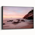 Black and white framed canvas of Acadia, Maine landscape, ideal for bedroom wall decor.