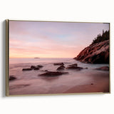 Framed canvas depicting a vintage-style landscape of Acadia, Maine, with a color palette of black and vibrant hues.