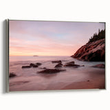 Framed canvas depicting a vintage-style landscape of Acadia, Maine in muted earth tones, ideal for bedroom wall art.