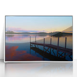 Acrylic print of a serene Maine landscape in pastel hues, framed in white, ideal for modern art wall decor in a nursery.