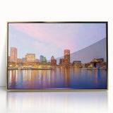 Acrylic print of Baltimore skyline in muted gold tones, framed, ideal for modern art wall decor.