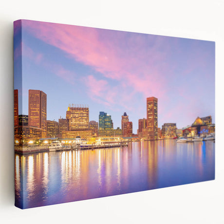 Large art depicting the Baltimore skyline in muted blue and gray tones on stretched canvas, ideal for kitchen wall art.