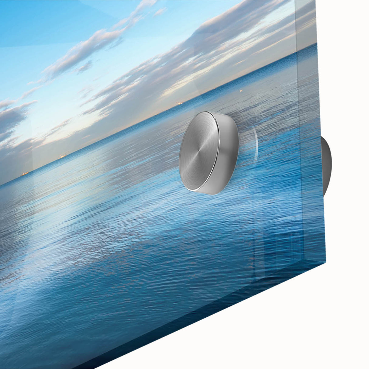 Large abstract wall art of Chesapeake Bay in muted blue and green tones on acrylic glass, ideal for dining room ambiance.