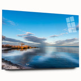 Large abstract depiction of Chesapeake Bay in muted blue and green tones on acrylic glass.