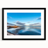 Abstract art print of Chesapeake Bay in vibrant colors on a textured, extra large canvas, framed in black.
