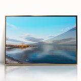 Framed acrylic print of Chesapeake Bay with soft blue and gold tones, ideal for modern art wall decor.