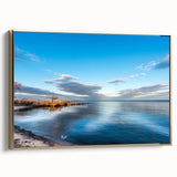 Landscape art painting of Chesapeake Bay on framed canvas, featuring vintage-style colorful art with black accents.