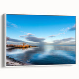 Vintage poster art of Chesapeake Bay with colorful accents on a framed canvas, ideal for living room decor.