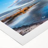 Art deco poster of Chesapeake Bay with muted blues and grays on rolled canvas, suitable for dining room decor.