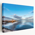 Chesapeake Bay scene in muted blue and green tones on a large stretched canvas, ideal for kitchen wall art.