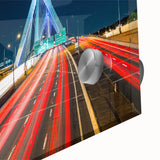 Large abstract depiction of Boston skyline in muted blue and gray on acrylic glass, ideal for dining room art.