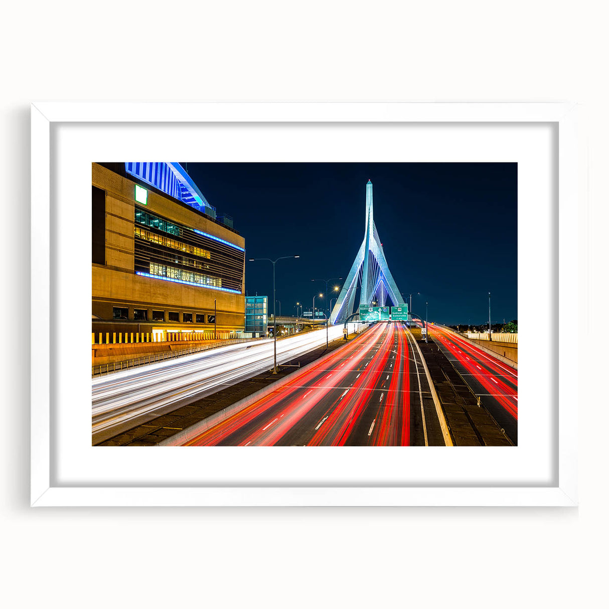 Abstract art print of Boston skyline in muted blue and gray tones on a white framed canvas, ideal for dining room decor.