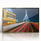 Acrylic print of Boston skyline in gold and blue tones, framed, mid-century modernist style, suitable for nursery wall art.
