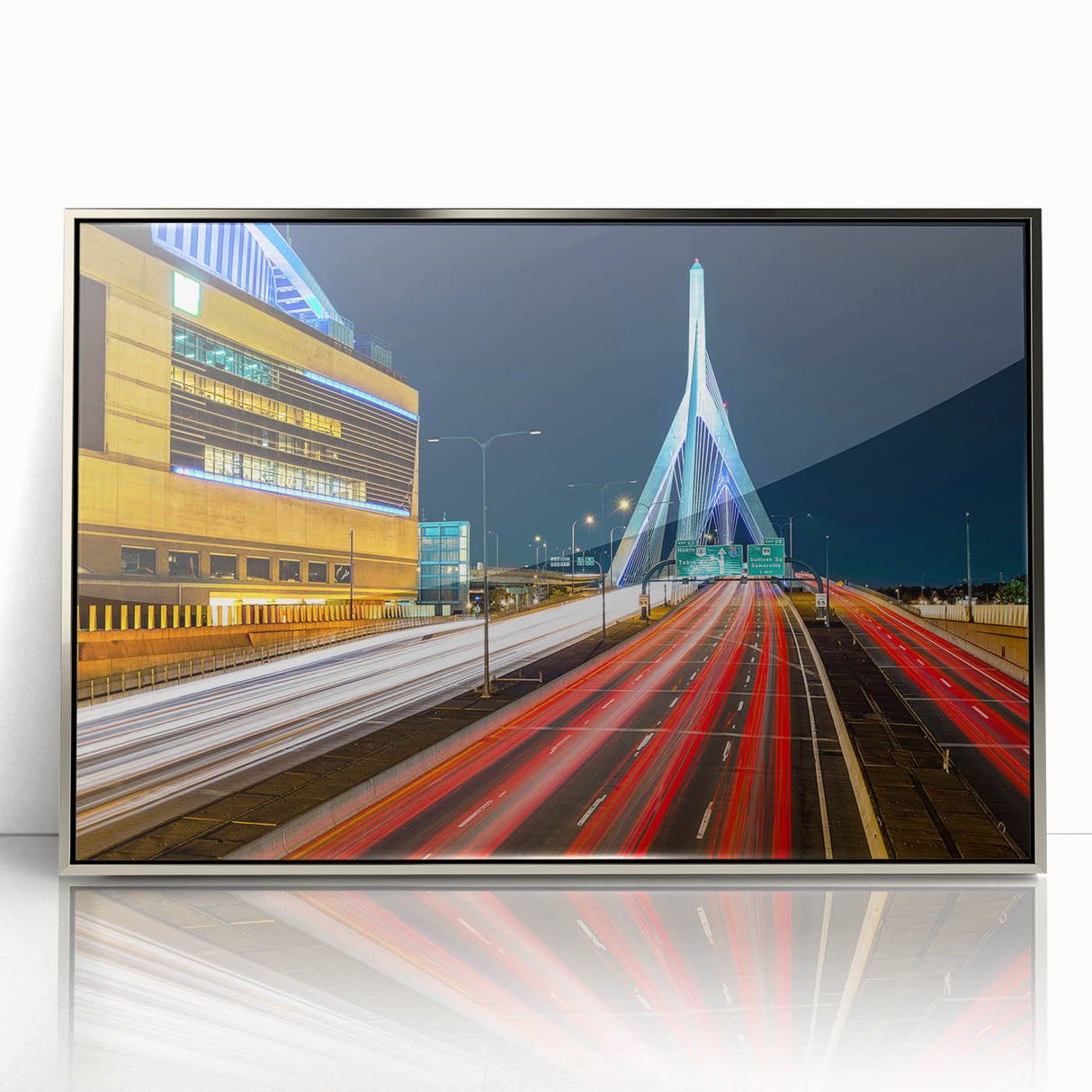 Mid-century modernist art of Boston skyline in muted blue tones on a framed acrylic, suitable for modern art wall decor.