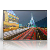 Art deco poster of Boston skyline in muted gray and blue tones on framed acrylic, ideal for modern art wall decor.