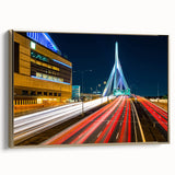 Framed canvas showing a vintage-style landscape painting of Boston in black and gold tones, ideal for bedroom wall art.