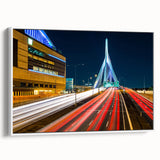 Vintage poster art of Boston skyline in colorful hues on a large framed canvas, suitable for living room decor.