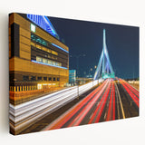 Panoramic view of Boston skyline in muted gray and blue tones on a large stretched canvas, ideal for kitchen wall art.